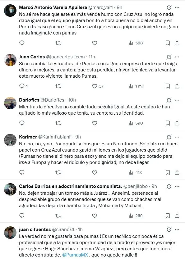 La reacción de la afición de Pumas a la posible llegada de Anselmi (X)