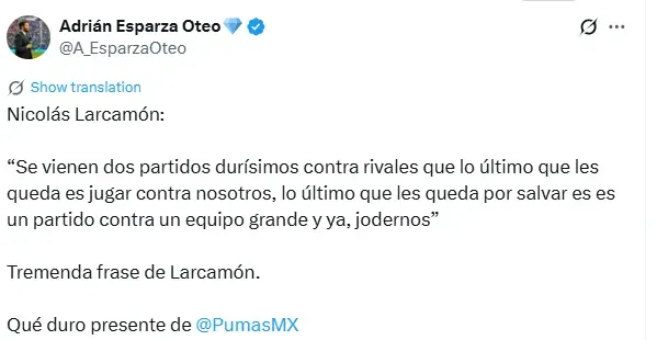 Parte del mensaje de Larcamón (Adrián Esparza)
