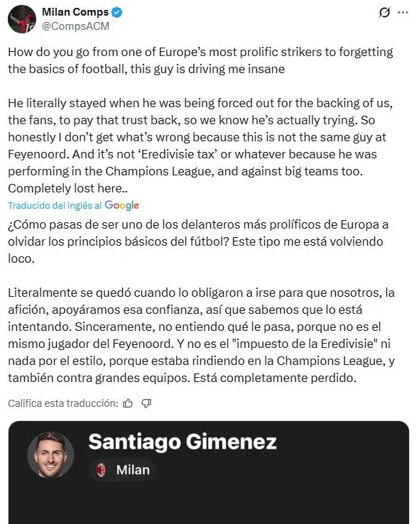 Afición del Milan se cansa de la sequía de Santiago Giménez (X)