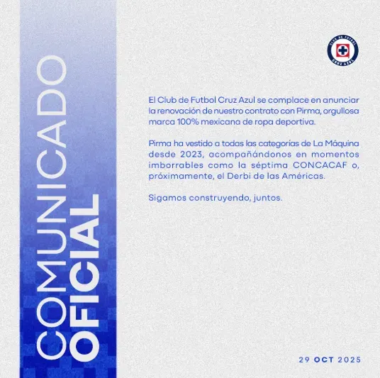 Comunicado de Cruz Azul por Pirma. (Cruz Azul oficial)