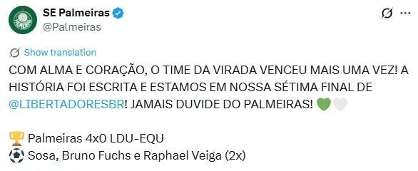 Palmeiras buscará otra Libertadores en su historia