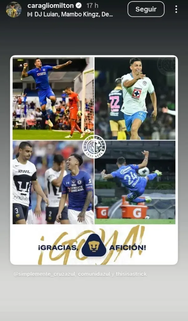 El posteo de Milton Caraglio con recadito a Pumas. (@caragliomilton)