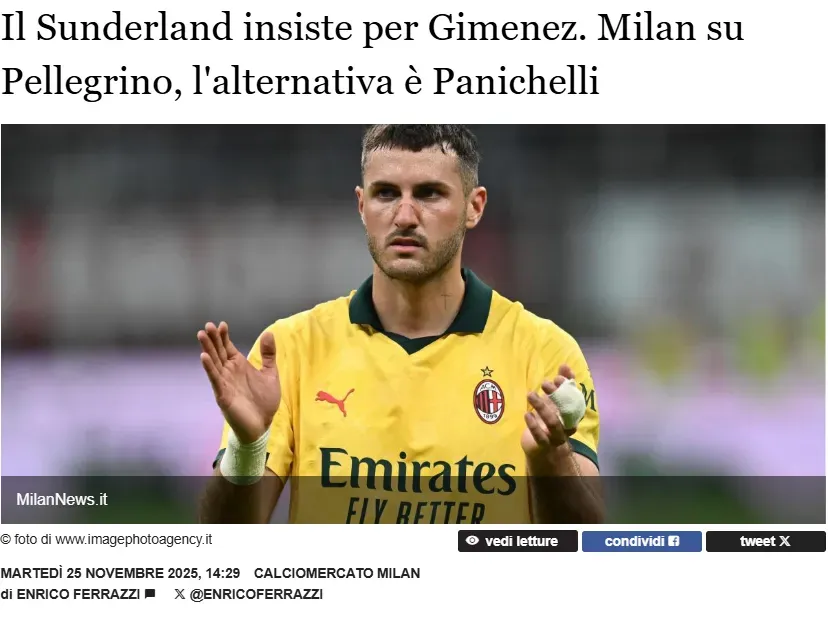 Santi Giménez podría marcharse al Sunderland. (milannews.it)