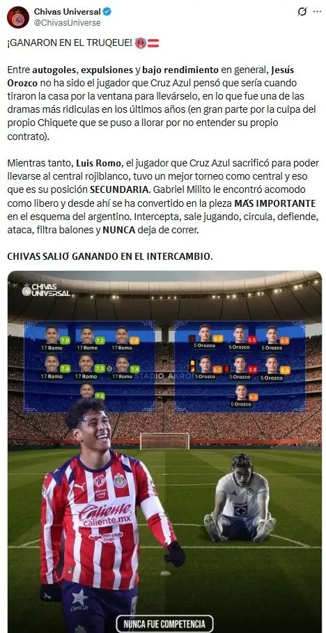 En Chivas aseguran que le ganaron a Cruz Azul con el trueque Orozco-Romo (X)