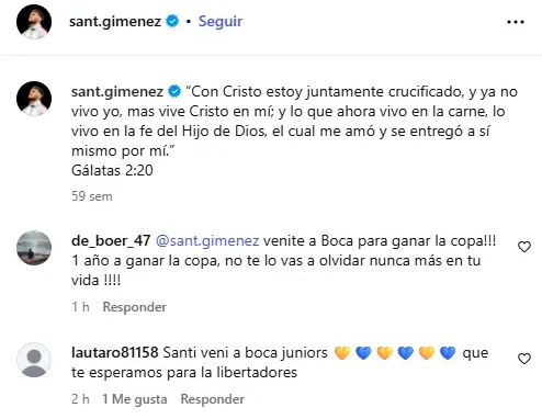 Comentarios de fanáticos de Boca en el IG de Giménez