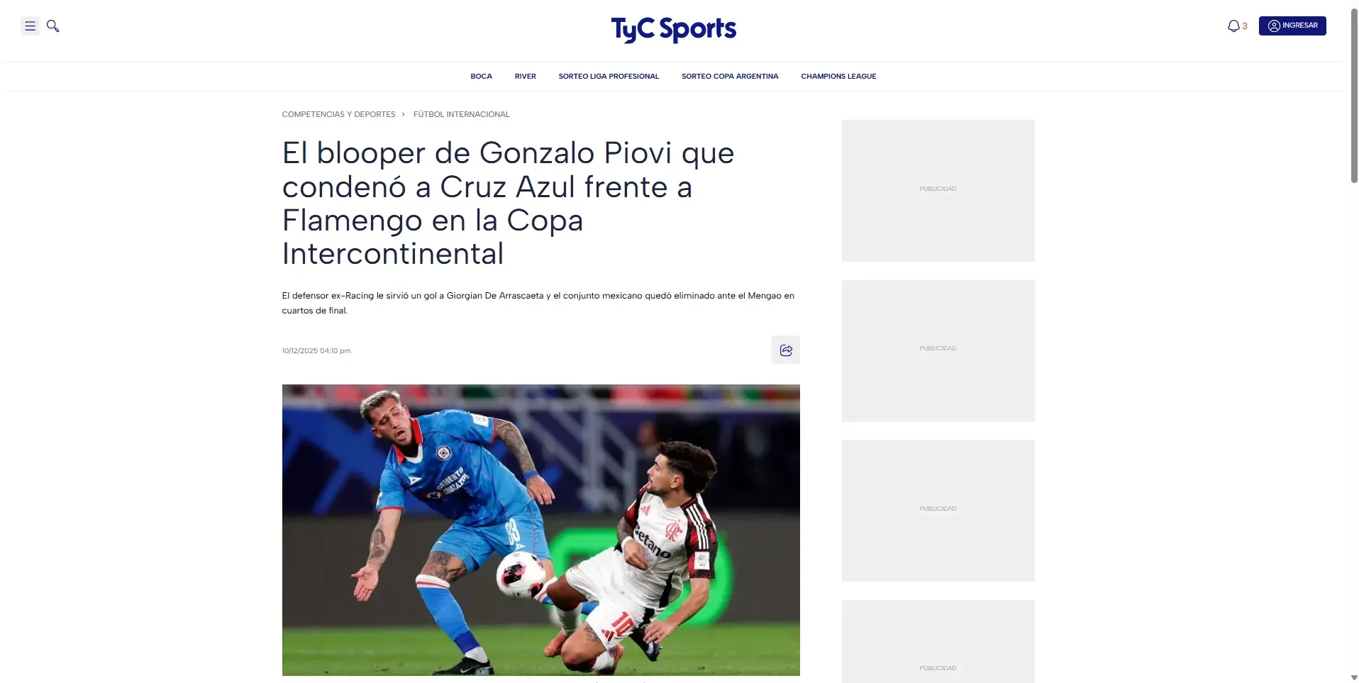 Así fue la reacción de los medios de Argentina al error de Gonzalo Piovi. (TyC Sports)