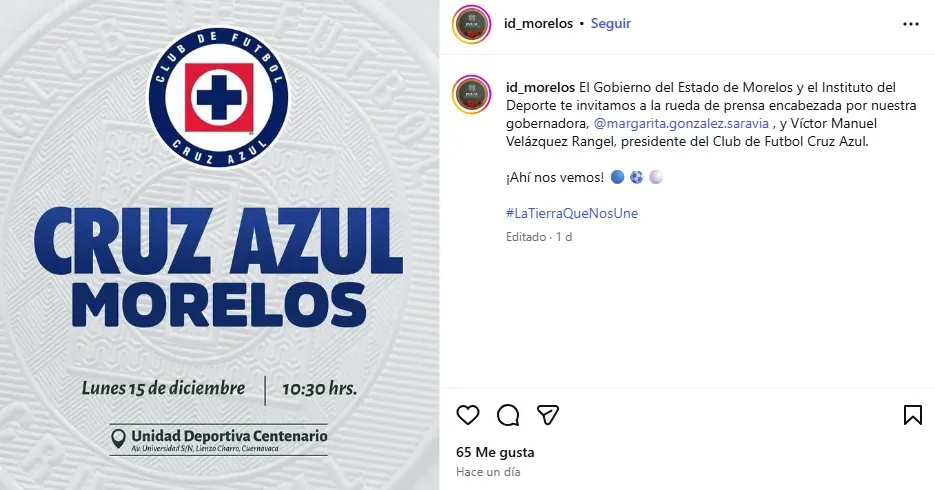 Publicación en redes del Gobierno del Estado de Morelos