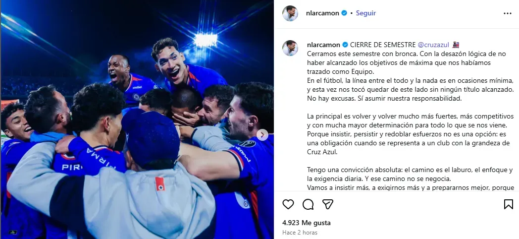 Mensaje de Nicolás Larcamón en redes sociales