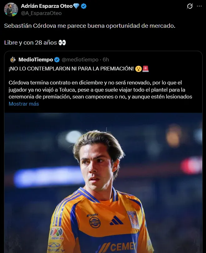 Adrián Esparza “pide” a Sebastián Córdova. (@a_esparzaoteo)