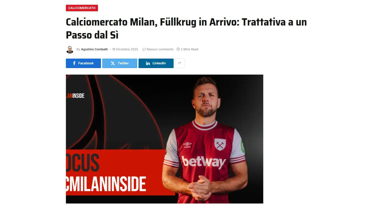 Desde Italia señalan que el Milan esta cerca de fichar a Niclas Füllkrug (AC MIlan Inside)