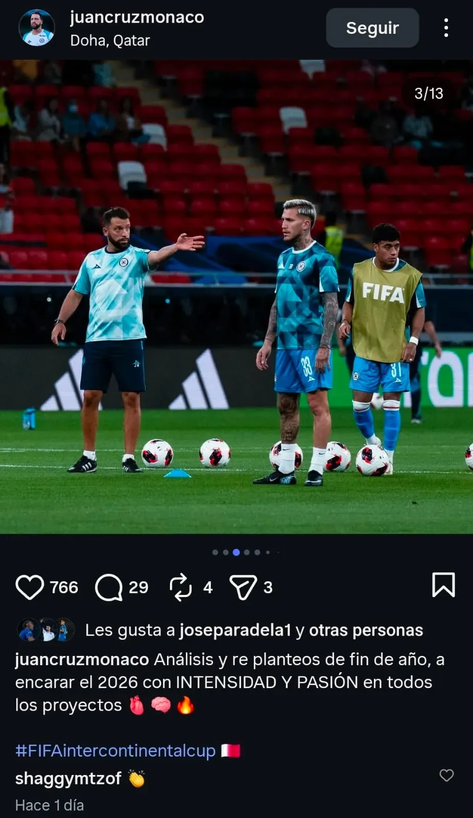 El posteo de Juan Cruz Mónaco, PF de Cruz Azul, de cara al 2026. (@juancruzmonaco)