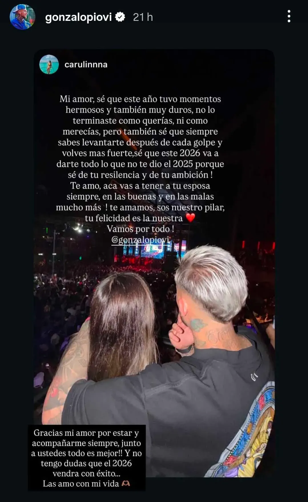 El mensaje de la esposa de Gonzalo Piovi tras el fatídico 2025 (Instagram)