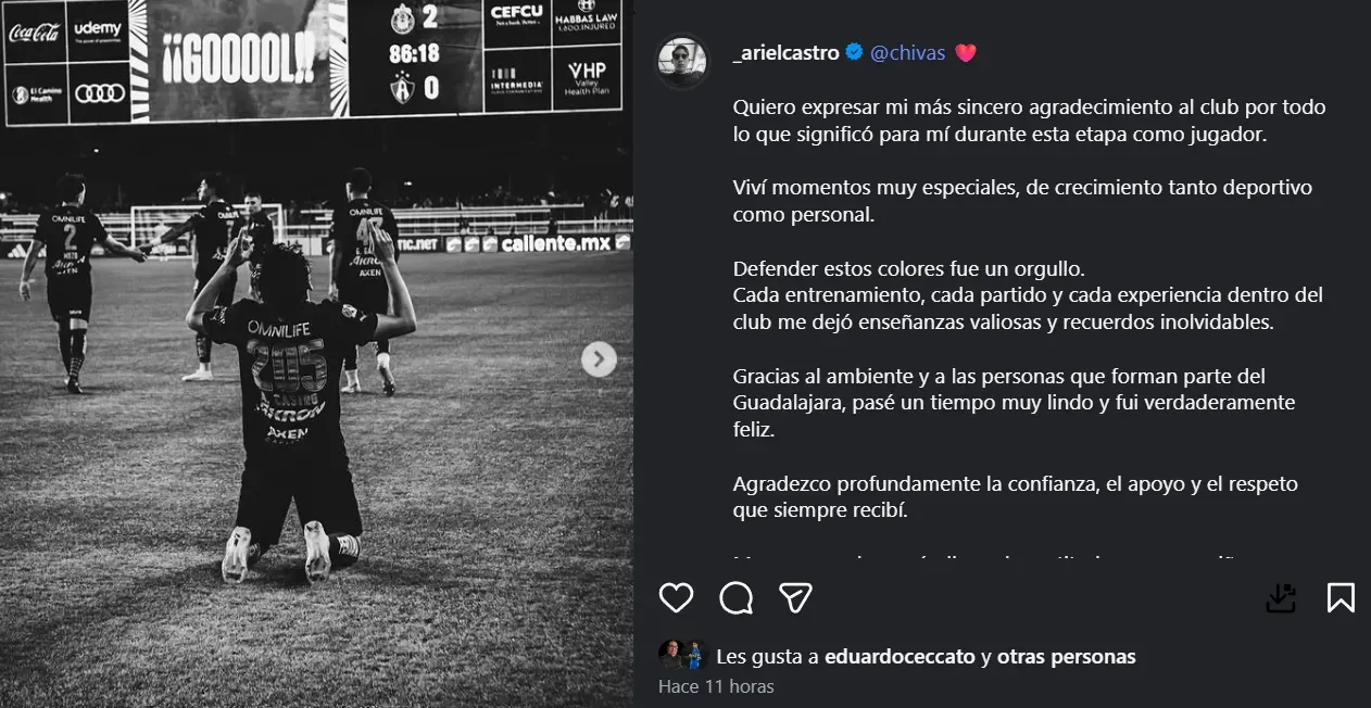 La publicación de Ariel Castro despidiendose de Chivas para llegar a Cruz Azul. (@_arielcastro)