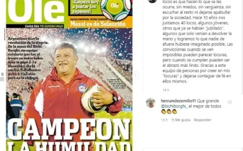 La publicación de Claudio Borghi en Instagram y el saludo de Emilio Hernández.