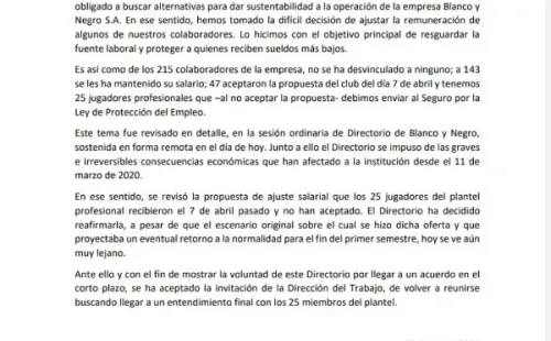 El comunicado entregado por Blanco y Negro donde confirman que volverán a negociar.