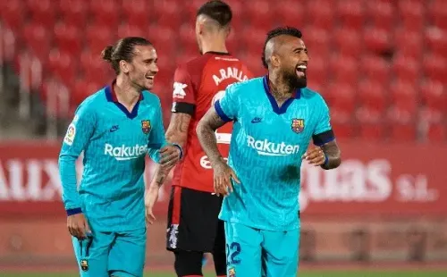 Vidal celebrando su tanto ante Mallorca en el regreso del Barcelona en la Liga Española.