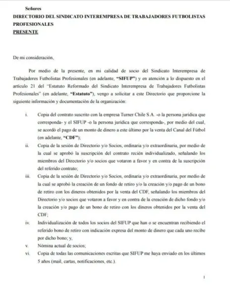 La carta de Claudio Bravo al Sifup.