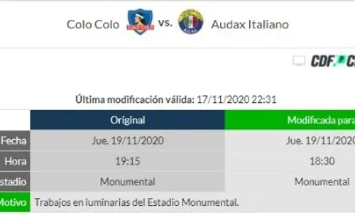 Colo Colo vs Audax Italiano, nueva hora