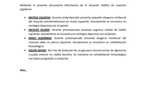 Parte médico de Colo Colo / FOTO: Colo Colo Oficial