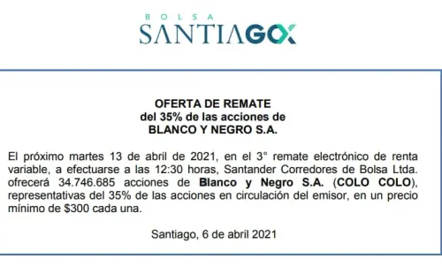 La Bolsa de Santiago ya anuncia el remate de acciones de Blanco y Negro | Foto: captura