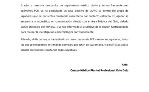 El comunicado del club que informa de un nuevo caso de coronavirus en el plantel/ FOTO: Colo Colo