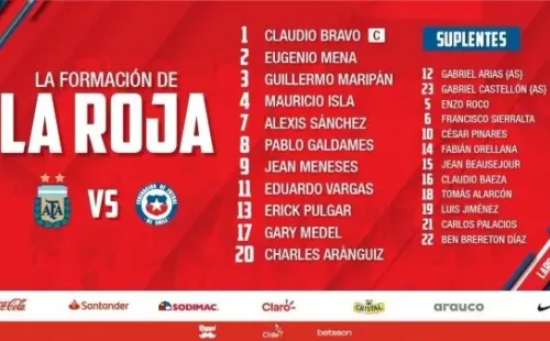 La formación de Chile ante Argentina para esta noche. | Foto: La Roja.