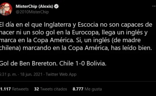 MisterChip le dedicó unas palabras al goleador del partido ante Bolivia. Fuente: Captura.