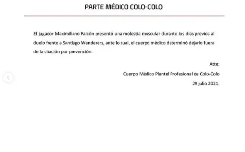 Colo Colo informó el parte médico de Falcón