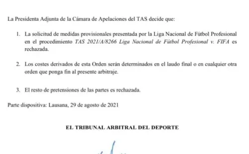 El comunicado del TAS que no le dio la razón a La Liga de España.