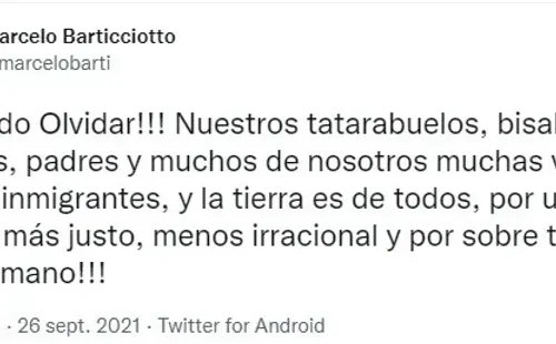 El mensaje de Marcelo Barticciotto en su Twitter personal. | Foto: Captura.