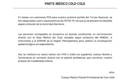 Parte médico emitido por Colo Colo.
