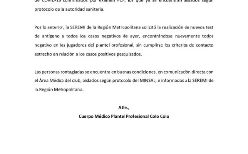 El comunicado del club que informa que no hay contactos estrechos.