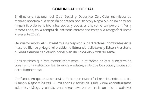 Comunicado oficial del CSD Colo Colo.