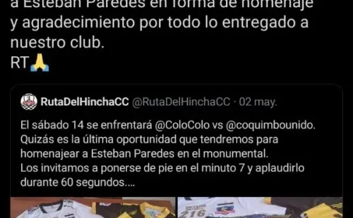 Ruta del Hincha llama a homenajear a Esteban Paredes. Imagen: Captura de pantalla