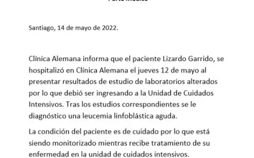 Comunicado sobre estado de salud de Lizardo Garrido. Imagen: Clínica Alemana