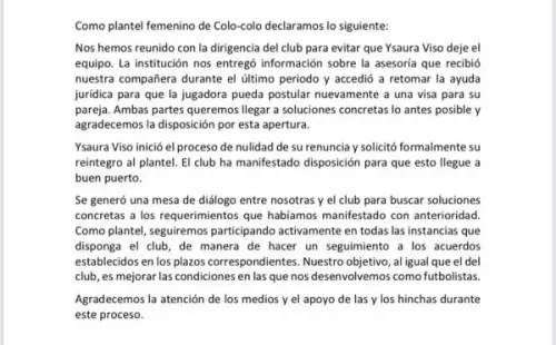 El comunicado del plantel femenino de Colo Colo.