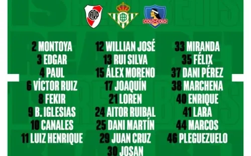La nómina del Real Betis para los amistosos ante Colo Colo y Real Betis. | Foto: Real Betis.