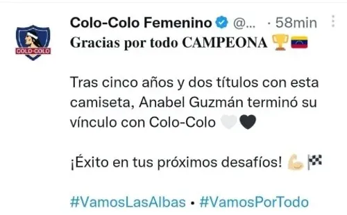 El mensaje de despedida de Colo Colo Femenino a Anabel Guzmán