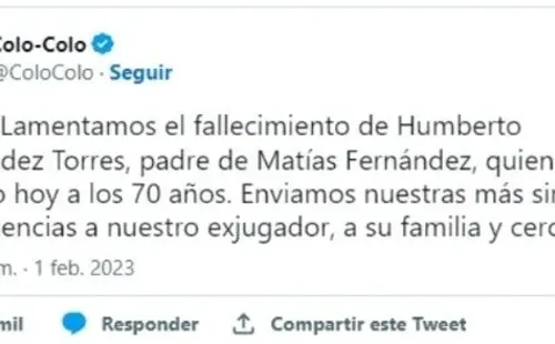 Las condolencias de Colo Colo en Twitter.