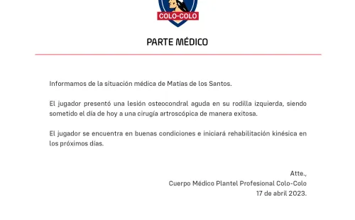 Parte médico oficial de Colo Colo.