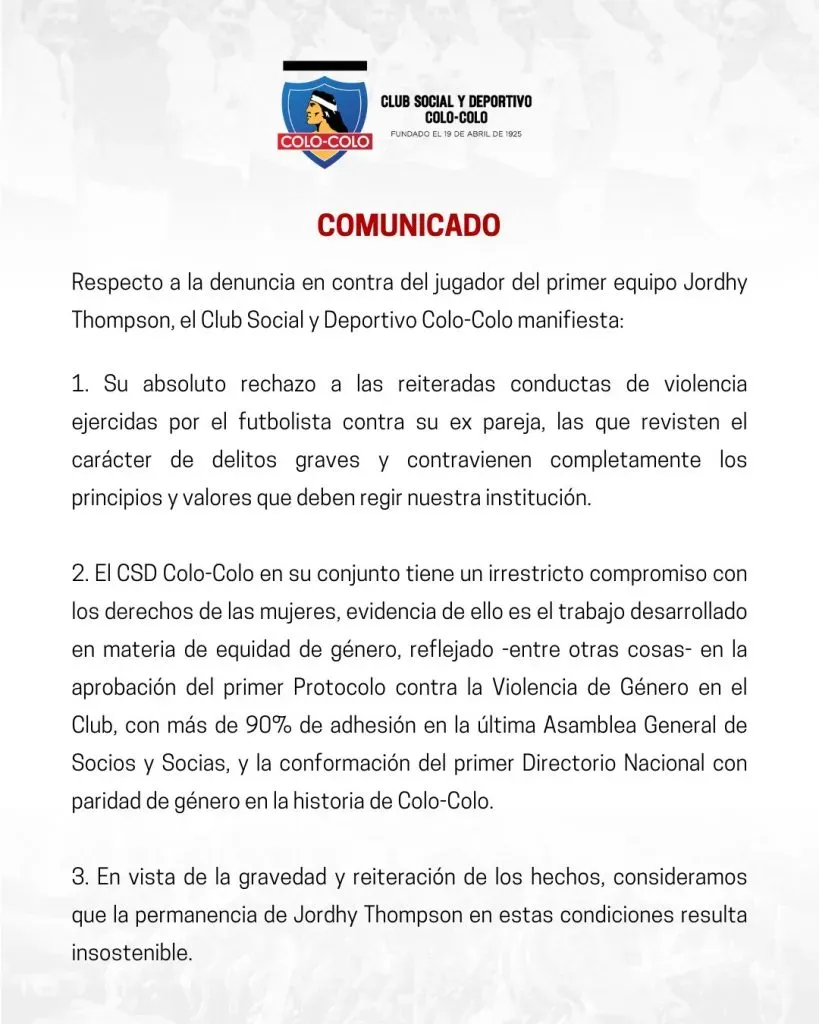 Comunicado del CSD Colo Colo por caso Jordhy Thompson.