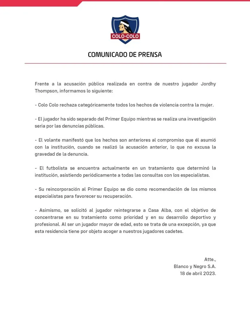 Comunicado de Colo Colo por caso Jordhy Thompson.