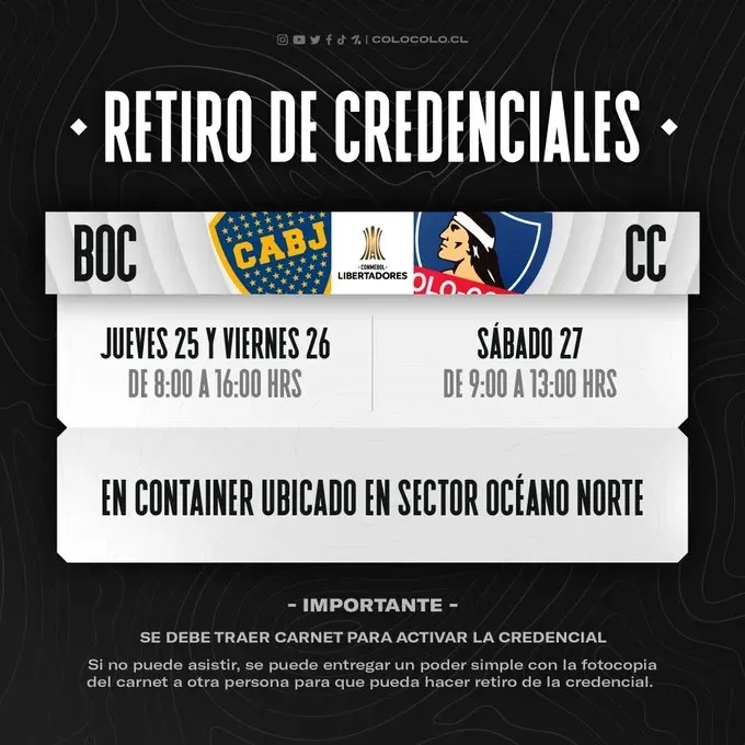 Información del retiro de credenciales para el partido entre Colo Colo y Boca Juniors. | Imagen: Colo Colo.