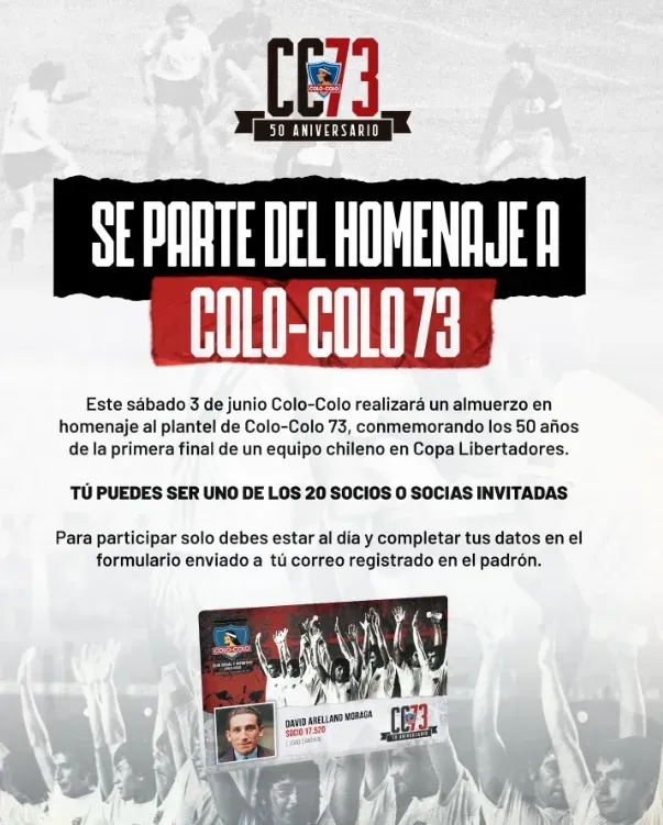 CSD Colo Colo sorteará invitaciones al almuerzo de homenaje al histórico equipo de 1973 | Foto: CSD Colo Colo