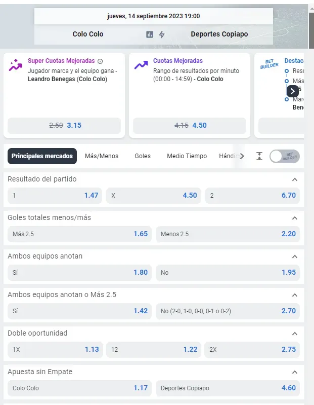 Las cuotas para el partido entre Colo Colo y Deportes Copiapó por el Campeonato Nacional 2023. Foto: Betano.