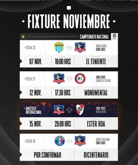 El fixture de Colo Colo en el mes de noviembre. | Imagen: Colo Colo.