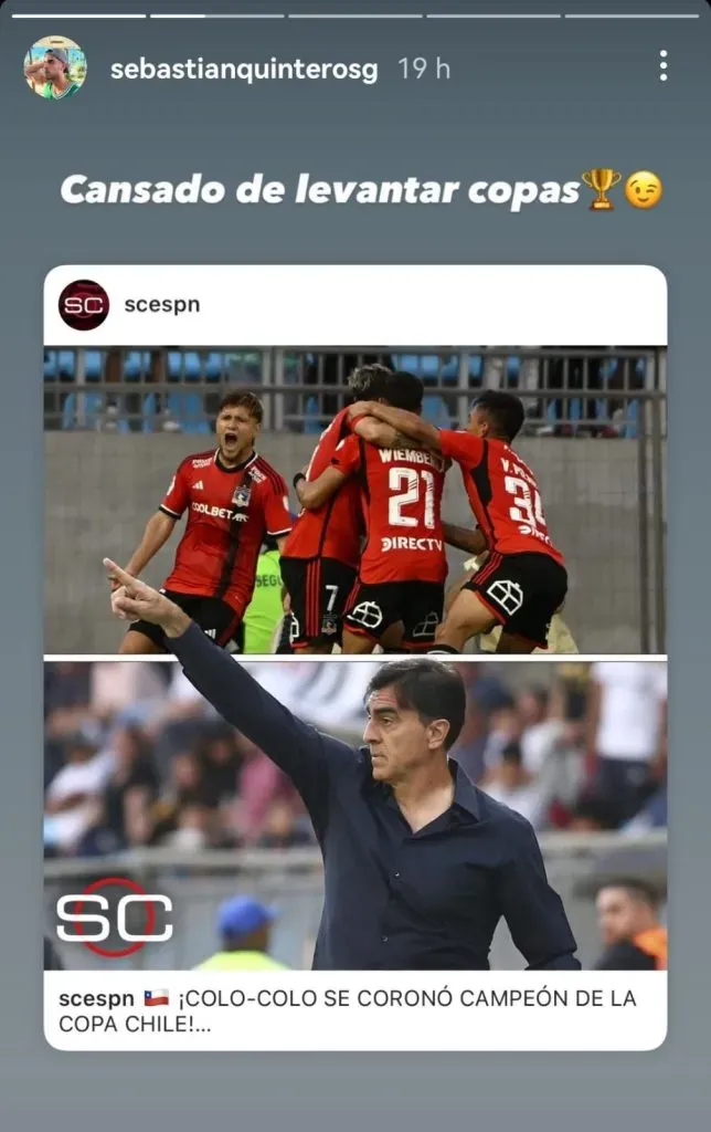 Sebastián Quinteros siguió en defensa de su padre tras las críticas de hinchas de Colo Colo. Imagen: Historias de Sebastián Quinteros.