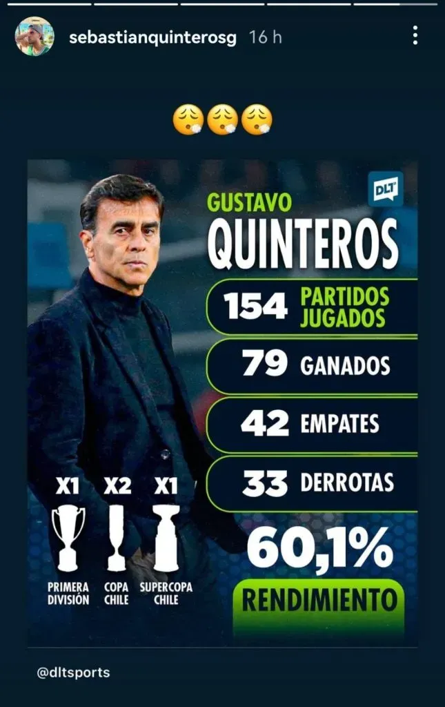 La defensa a Gustavo Quinteros en las últimas horas tras la Copa Chile con Colo Colo. Imagen: Historias de Sebastián Quinteros