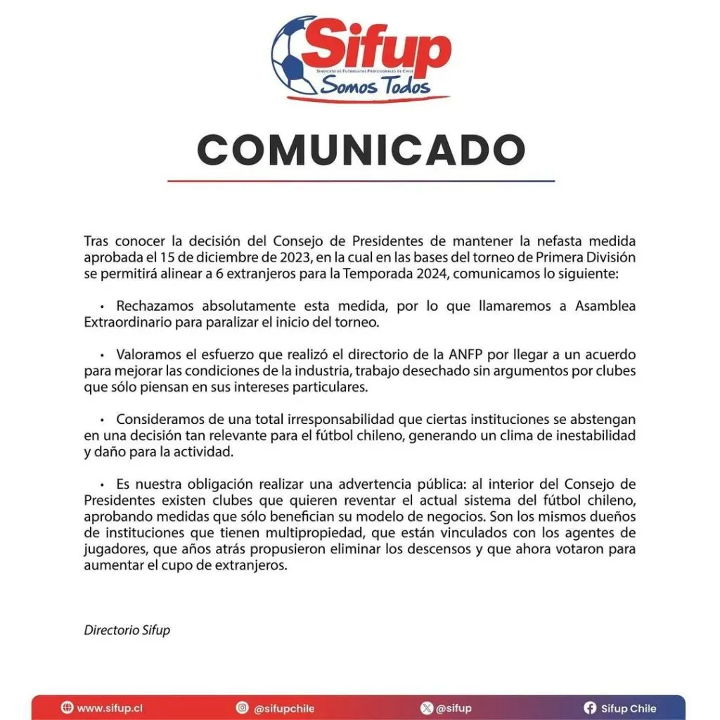 El comunicado del SIFUP.