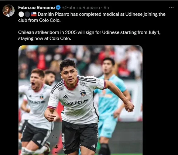 Fabrizio Romano confirma el traspaso de Damián Pizarro a Udinese.